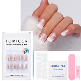 TOMICCA 24PCS Kunstfinger Nägel zum Aufkleben & Nagelkleber, Press on Nails Square Kurz Paillettenverlauf, French Gel Kunstnägel Nägel, DIY Nail Art Zuhause