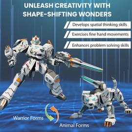 GAGINAN White Tiger Warrior Turn into Robot Toy, Sagacious Animal Robot Action Figure, 10-inch Grey Deformation Robot Figures, Disassembly Toys for Boys & Girls Age 6+(Grey-Black)
