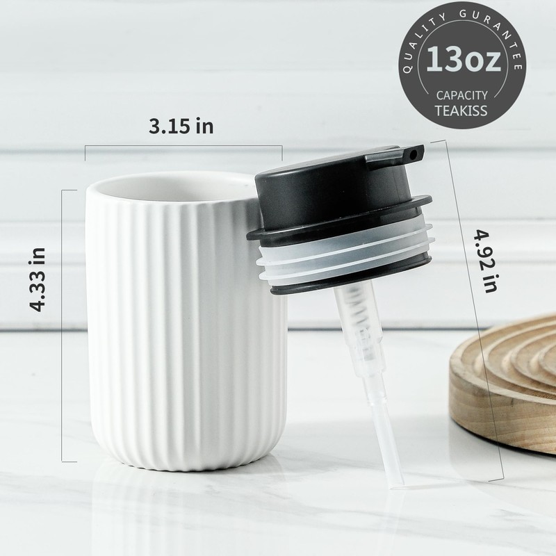 TEAKISS Matte White Refillable Hand Soap Dispenser - 13oz Ceramic