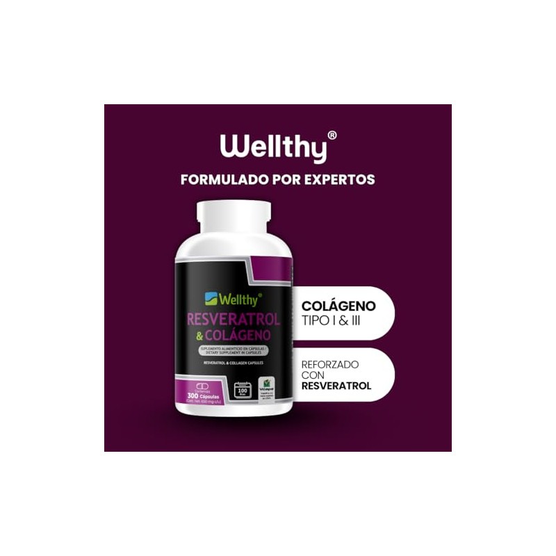 Wellthy Colágeno Resveratrol 300 Caps 1300mg Por Porción 600mg Colageno