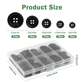Pack of 100 Resin Buttons, 4 Hole Black Plastic Buttons, 5 Sizes, Round Buttons with Storage Box, for Dresses, Sewing, Coat, Shirts and DIY Decoration