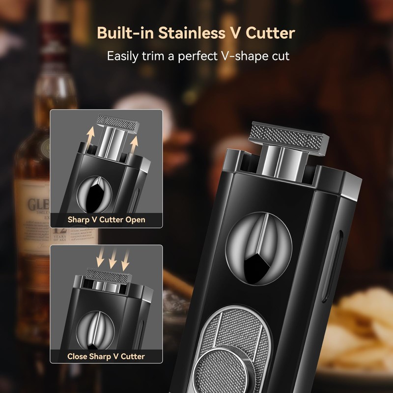 All-in-One Triple Torch Lighter, Built-in V Cutter, Holder, Adjustable Windproof
