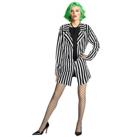 Haysandy Women's Black White Striped Suit Open Front Striped Blazer Fishnet Stockings Tie Tight Stretch Shorts Costume (L)