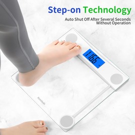 Homebuds Digital Bathroom Scale for Body Weight, Weight Scale Professional Factory Since 2001, Blue Backlit LCD and Step-On, 2*AAA Batteries Included, 400lb in 0.1lb, Clear Glass