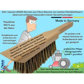Maaj Lawn Mower Brush/Garden Tool Brush – Made in Germany – Scraping Edge Made of Wood with Very Hard Union Bristles 100% Natural Plastic-Free