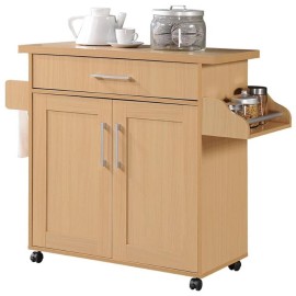Hodedah Kitchen Island with Spice Rack plus Towel Holder in Beige Wood