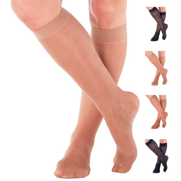 Made in USA - Sheer Compression Stockings for Women 8-15mmHg - Womens Knee High Compression Socks for Swelling, Edema, Pain Relief - Beige, Small - A107BE1