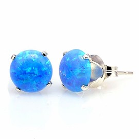 Trustmark 925 Sterling Silver 8mm Azure Blue Created Opal Crown Set Cab Stud Post Earrings, Sky