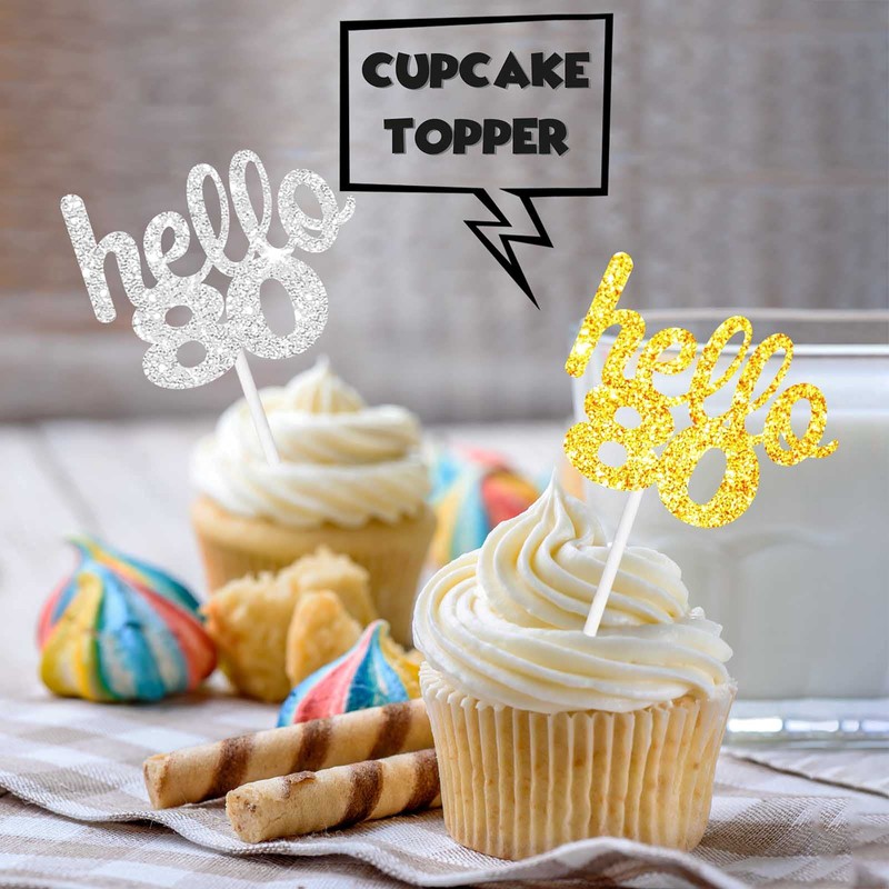 18PCS Hello 80th Cupcake Topper Picks for Happy Birthday Party