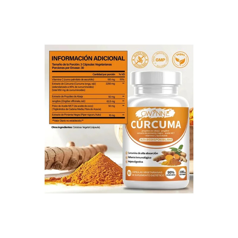 Gwynne Curcumin Turmeric 2250mg 90 Capsules- Curcuminoides Al 95% Con