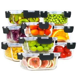 HOMBERKING 18pc Glass Food Storage Containers with Lids, Glass Meal Prep Containers with Leak Proof Snap Lock Lids, Airtight Bento Lunch Boxes, Kitchen Storage (9 lids & 9 Containers) - Black