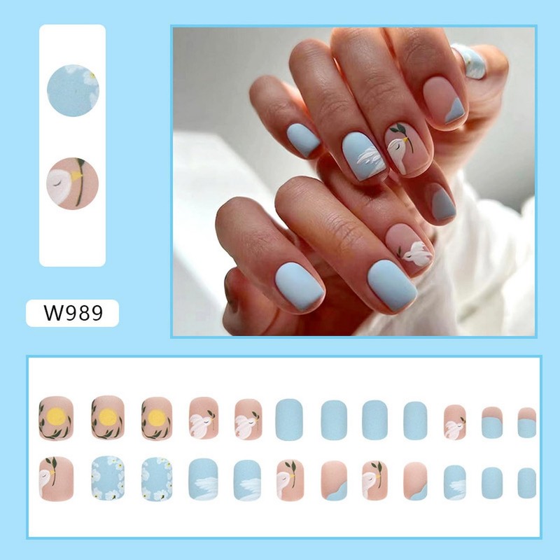 Press on Nails Short Square Fake Nails with Birds Flower
