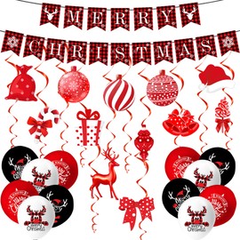 Christmas Ceiling Decorations Indoor Christmas Hanging Decorations Foil Swirl Decor Merry Christmas Banner Bunting Candy Bell Reindeer Wall Window Decorations for Christmas Holiday Party Supplies