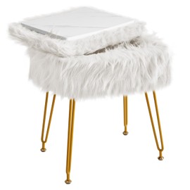 IBUYKE Rectangular Faux Fur Vanity Stool with Storage, Furry Makeup Chair Ottoman, Soft Padded Seat, Round Footrest Footstools with 4 Metal Legs, for Living Room Bedroom Entryway, White WBD022W