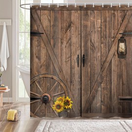 MDUKOIN Rustic Barn Door Shower Curtains,Brown Wooden Bath Curtain,Farmhouse Vintage Country Bathroom Decor,Wood Board Sunflower Shower Curtain Set with Hooks 72X84in
