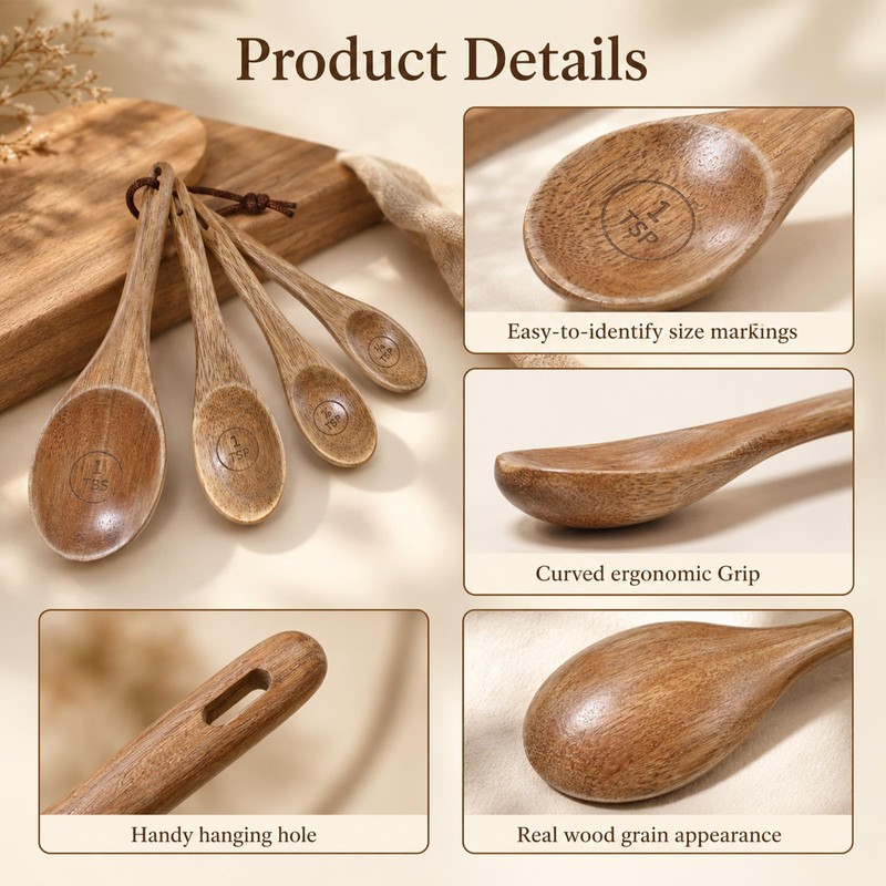 4PCS Wooden Measuring Spoons Set Natural Acacia Cute Measuring-Spoons 1