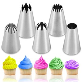 Large Icing Piping Tips Set 5PCS Cupcake Decorating Tip Set Extra Large Piping Icing Tips Closed Star Pastry Tip Open Star Piping Tip French Star Pastry Tube Plain Pastry Tube1A#1E#1C#356#9FT#