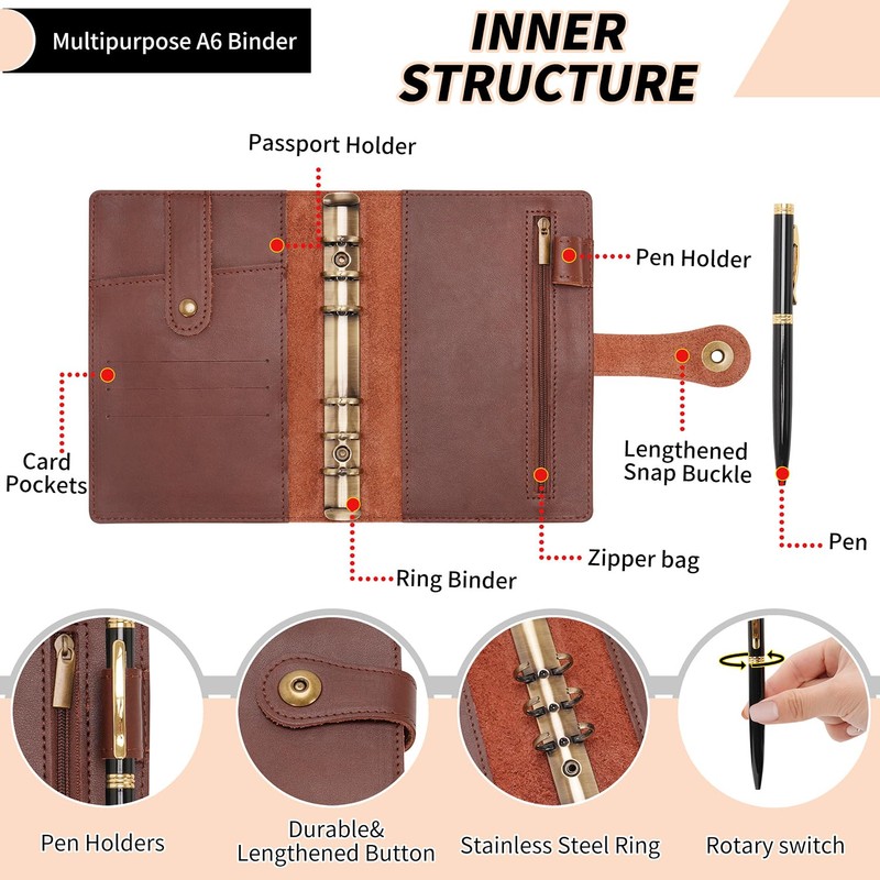 Wonderpool Ring Binder Notebook A6 Refillable Leather Diary Organiser Binder