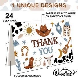 Whaline 24 Pack Cowboy Thank You Cards Blue Brown Cowboy Hat Boots Cow Print Note Cards with Envelopes Stickers Western Theme Greeting Blank Cards for Birthday Baby Shower