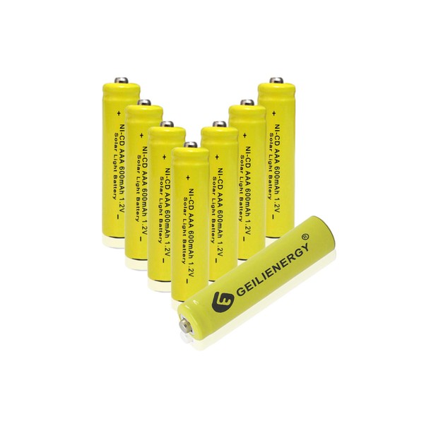 GEILIENERGY NiCd AAA 1.2V 600mAh Triple A Rechargeable Batteries for Solar Light Lamp Yellow Color (Pack of 8)