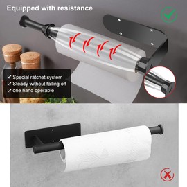 Vitoler Paper Towel Holder Under Cabinet, Single Hand Operable Paper Towel Holder Wall Mount with Damping Effect,Self-Adhesive or Drilled for Kitchen,Bathroom -Black