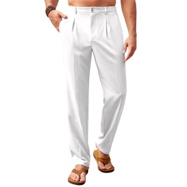 Runcati Mens Casual Linen Pants Elastic Waist Lightweight Loose Fit Pleated Slacks Summer Cotton Beach Yoga Trousers White