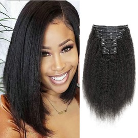 VKHAIR Kinky Straight Clip in Hair Extensions for Black Women Human Hair Clip In Extensions12Inch 10PCS 120g Natural Black Full Head Unprocessed Remy Human Hair (Natural Black, 12inch)