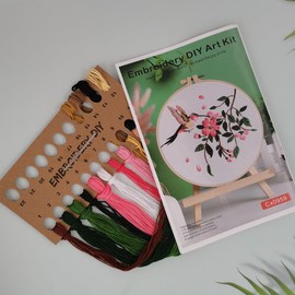 Generic Embroidery Kit for Adults Beginners Starter Stitch Kit with Flying Hummingbird Pink Flowers Pattern Handmade Needlepoint Kits, Onesize