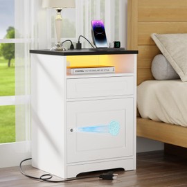 Night Stand with Fingerprint Lock, LED Nightstand with Charging Station, White Farmhouse Nightstands with Cabinet Storage, Wooden Bedside Table for Bedroom (Fingerprinter Cabinet)