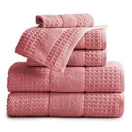 100% Cotton Super Soft Luxury Towel Set | Quick-Dry and Highly Absorbent | Waffle Textured | 550 GSM | 2 Bath Towels, 2 Hand Towels, & 2 Washcloths | Harper Collection (Rose)