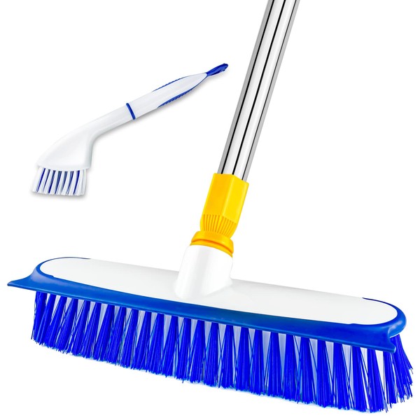 ITTAHO 12" Wide Floor Scrub Brush with Long Handle,Extendable Grout Cleaner Brush for Tile Floor,Deck,Patio,Marble,Garage,Kitchen,Bathroom,Extra Hand Grout Brush(Blue)