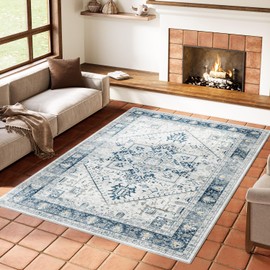 COSOSA Vintage Traditional Area Rug - 8x10 Large Washable Low Pile Non-Slip Tufted Carpet for Living Room Bedroom, Indoor Home Decor Floor Covering Mat, Dark Blue