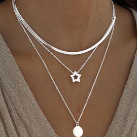 Cimenexe Bohemian Layered Star Choker Necklace Silver Disc Coin Pendant Necklace Hollow Star Snake Chain Collar Necklace Flat Herringbone Chain Necklace Jewellery for Women, Zinc, No Gemstone