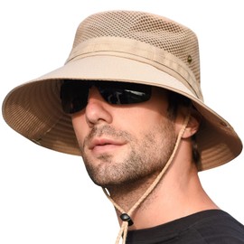 KELEVO Men's Safari Hat, Mesh Breathable Structure, Foldable, UV Protection, Present, Wide Brim, Sunburn, Quick Drying, Lightweight, Windproof, Chin Strap, 2-Way, Stylish, Fishing, Climbing, Hiking,