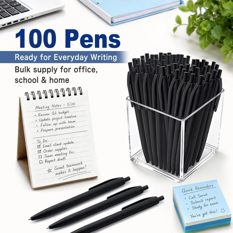 100 Pack Retractable Ballpoint Pens Bulk, Black Ink Pens, 1.0mm