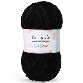 1 Skein La Mia Mellow Chenille Yarn for knitting and crocheting baby clothes, blankets and accessories, 100% Polyester, 100 gr (3.5 oz) / 115 m (125 yards), Black - 902