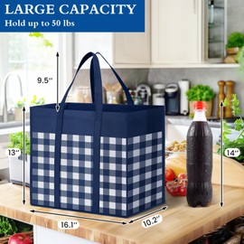 WISELIFE Reusable Grocery Shopping Bags 10 Pack Large Foldable Tote Bags Bulk, Eco Produce Bags with Long Handle for Shopping Groceries Clothes (Plaid A)