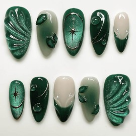 RUOKEXIN 3D Green Press on Nails Almond Fake Nails Handmade False Nails with Designs Medium Length Glue on Nails Press ons Sparkly Artificial Nails Cute Stick on Nails for Women 24Pcs