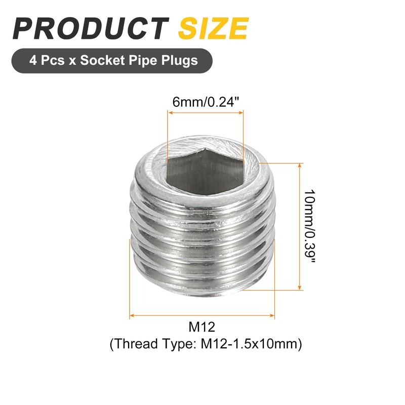 sourcing map 4Pcs Male Thread Socket Pipe Plugs, M12-1.5x10mm Stainless