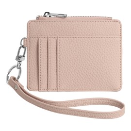 SUIKIHUM Credit Card Wallet with Keychain Wristlet Strap, PU Leather Card Holder - 5 Card Slots & 1 ID Window & 1 Zipper Pocket, Pink