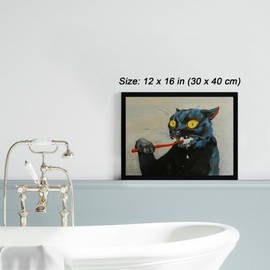 ICHZUMW Funny Black Cat Bathroom Wall Art Decor, Quirky Framed Canvas Print Painting of Cat Brushing Teeth, Humorous Animal Pictures Wall Decoration, Modern Home Artwork, Restroom Powder Room, 12x16in