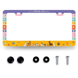 Colorful Dog Paws License Plate Frame Animals Dogs License Plate Stainless Steel Funny Accessory Cars Decor for Men Women 12.2 X 6.2 Inch with 2 Holes and Screws Fits Standard Us Ca Vehicles