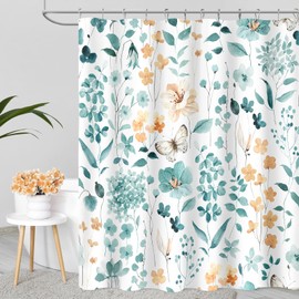 MAYZUS MAYZUS Teal Floral Shower Curtain 60x72, Cute Turquoise Flower Fabric Shower Curtains for Bathroom, Wildflower Butterfly Cloth Shower Curtain Set with Hooks
