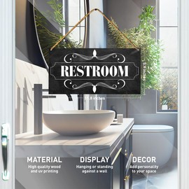 Restroom Wood Sign Decor, Restroom Sign Black for Home Bathroom Door, Toilet Business Office Classroom Restaurant Restroom Wall Hanging Sign Decorations