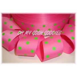 1.5" PINK LIME POLKA DOTS GROSGRAIN RIBBON BOW HAIRBOW