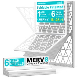 AErovivo 16x25x1 Refillable Air Filter Kit, MERV 8, 1 Reusable Foldable Frame ＆ 6 Refills, Fits Most AC HVAC Furnace Devices, Actual Size 15.75x24.75x0.75in