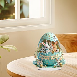 JJFox DIY Tabletop Diamond Art Painting Kit，Desktop Ornament Special Shaped Rhinestone Desk Placement Ornament，Home Stand Up Gem Painting Craft Kit，Gift，Double Sided (Easter Egg Rabbit)