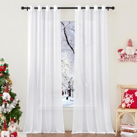 Pony Dance Bistro Curtains, Set of 2 Transparent White Curtains with Eyelets, H 114 x W 140 cm, Long Net Curtains, Linen-Look Curtains for Living Room, Short Curtains
