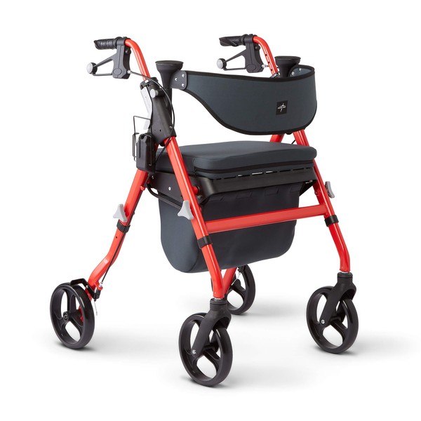 Medline Premium Empower Rollator Walker with Seat, Comfort Handles and Thick Backrest, Folding Walker for Seniors, Microban Protection, 8" Wheels, Red Frame