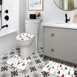 KMCCUMBER 4 Pcs Christmas Bathroom Sets with Christmas Shower Curtain Non Slip Rug Toilet Lid Cover and Bath Mat, Winter Christmas Shower Curtain Set Christmas Kitchen Toilet Bathroom Decor(White)